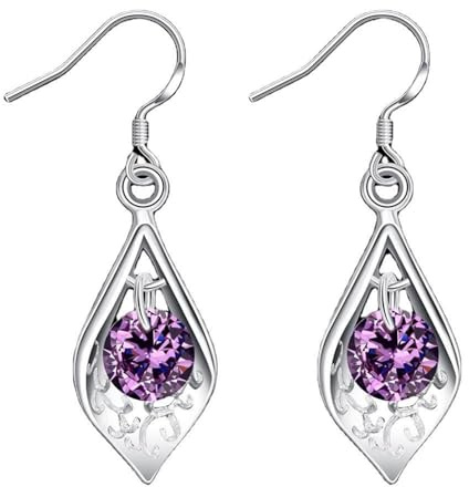Tolldek Pendientes para mujer, oro blanco de 14 quilates, amatista morada, concha de amatista, pendientes de estilo Art Nouveau Au585, joyas de oro auténtico