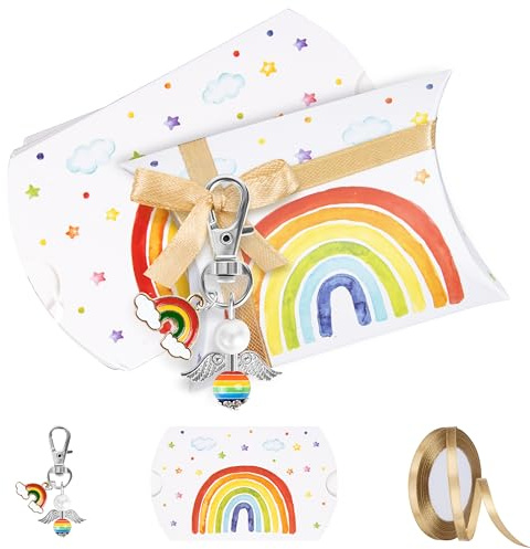 Foshird Gastgeschenke Kindergeburtstag Set - 15 Stück Schutzengel Schlüsselanhänger Regenbogen Geschenkboxen Satinband Gold - Abschiedsgeschenk Mitgebsel für Taufe Einschulung Hochzeit
