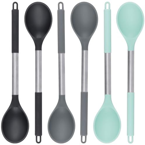 CHUENKUK 6 Stück Silikon Kochlöffel, 33.5 x 6.5cm Schwarz Grau Mint Silikonlöffel, Servierlöffel aus Edelstahl und Silikon