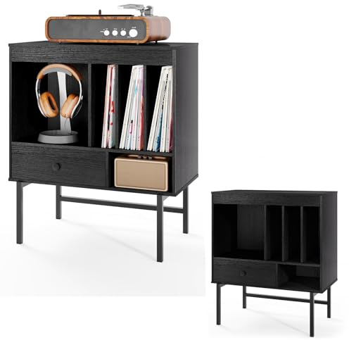 KOMFOTTEU Supporto per Giradischi, Mobile Vinili con Cassetto e Scomparti Aperti, Espositore per Dischi per Album con Telaio in Metallo per Soggiorno, Camera da Letto, Studio (Nero)