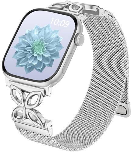 Epova Metallarmband Kompatibel mit Apple Watch Armband 44mm 42mm 45mm 46mm 49m 46mm Damen - Mesh Edelstahl Magnetisch Ersatzarmband für iWatch Series 11 10 9 8 7 6 5 4 3 2 1 SE 3 Ultra 3 2, Silber
