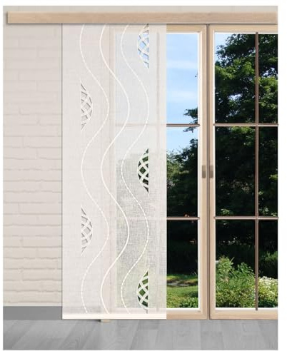 Flächengardine Eliana Vogtländische Spitze in ecrú | Schiebepaneele Wellen-Muster in natur | Zeitloser Flächenvorhang halbtransparent | Schiebegardine Käseleinenoptik Höhe x Breite 93 x 45 cm
