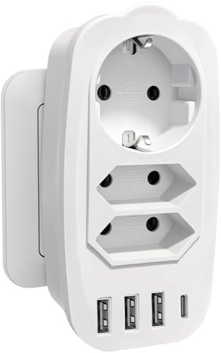 TOPDÉCORÉ Multiprise Murale 7 en 1 avec USB C,Plate Prise Multiple Gain de Place sans Câble,Bloc Multiprise Compacte pour Voyage,Bureau et Cuisine,Blanc