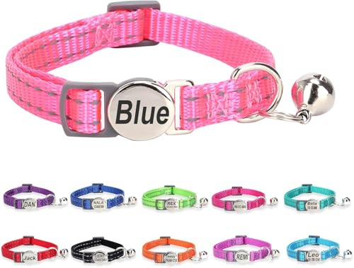 Individuelles geschnitztes Katzenhalsband mit Sicherheitsschnalle und ID-Etikett, verstellbares reflektierendes Nylon-Katzenhalsband mit Glöckchen, für Welpen und Kätzchen, Rosa