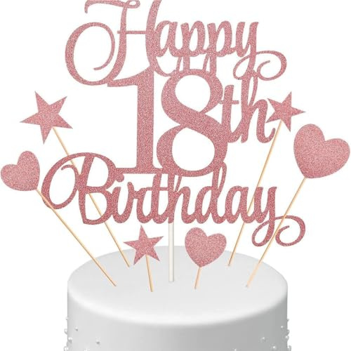 PLUSHCEWT Rose Gold Happy 18th Birthday Cake Topper Set with Star and Heart Picks,18 Birthdays Decorations for Him and Her,Glitter Cake Decorations for Birthday Party Supplies (18th)