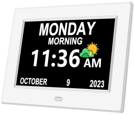 7 Inch Digital Clock (No Power Adaper) Alarm Clocks with Date and Day of Week Alzheimer's Clock Customizable Alarms 3 Display Modes Large Font Digital Clocks for Seniors Auto DST White