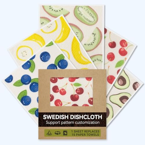 LEBKFT 5 Pack Swedish Dishcloths, Reusable Sponge Cleaning Cloths Kitchen Towels Highly Absorbent and Fast Drying Washable Paper Towels Kitchen Cloths for Dishes Countertops and Cleaning (Fruit)