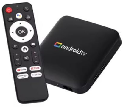 Boitier Android TV 4K Multimédia avec Télécommande, Quad Core, WiFi 2.4G/5G, Bluetooth, 2 Go RAM/16 Go ROM, Double USB, HDMI (Cable Inclus), Sortie AV, 110x108x26mm, Android 14