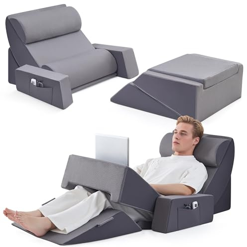9PCS Orthopädische Bett Keil Kissen Set,Post Chirurgie Schaum Kissen für Körper, Rücken und Beine Schmerzlinderung,Justierbare Stützkissen mit Säure Reflux Bed Wedge Memory Foam Durchgehend dunkelgrau