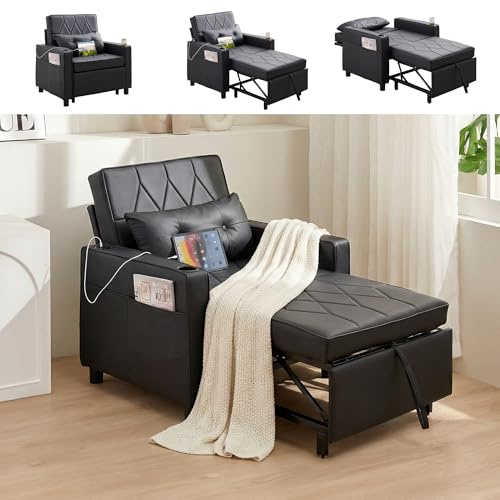 ROCSUMOO Schlafsessel 3 in 1 Schlafsofa, Schlafstuhl mit USB & Typ C-Anschlüssen, ausziehbarer Sessel mit Seitentasche und 2 Becherhaltern, Klappsofa-Bett (Schwarz)