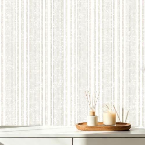 Amiya Papel tapiz autoadhesivo de vinilo a rayas para dormitorio, sala de estar, apto para inquilinos, color beige, 44 cm x 1000 cm