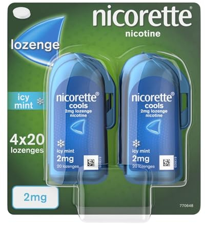 Nicorette Cools 2mg Lozenge (4 x 20 Lozenges), Effective and Discreet Quit Smoking Aid for Cigarettes, Nicotine Lozenges with Dual-Layer Icy Mint Flavour Release, Starts to fight cravings in 2 minutes