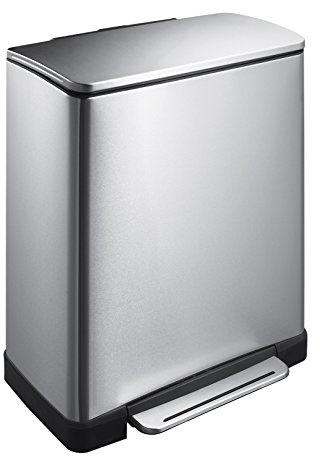 EKO E-Cube Tretmülleimer 28+18L Mülltrenner (34.5 x 50 x 65 cm, Dämpfer-System, Fingerabdruck frei, Stay-Open, Abfallbeutelfixierung), matt silber