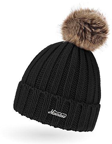 Neverless® Damen Strickmütze Grobstrick Kunstfell-Bommel Winter-Mütze