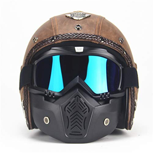 MRDEAR Jet-Helme Männer, Vintage Motorrad Roller-Helm Motorradhelm Retro Handgemachtes Braun PU-Leder Mofa-Helm Scooter-Helm Roller Chopper mit Visier Brille Maske,L