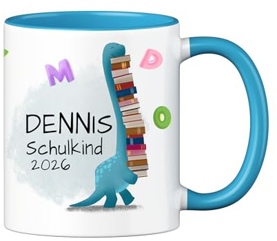 LOOXIS Personalisierte Tasse für Kinder mit Namen, Text & Motiv bedruckt – 325ml, Keramik, versch. Farben – Geschenkidee Jungen, Mädchen, Einschulung, Kindergarten – Blau, Bücherdino