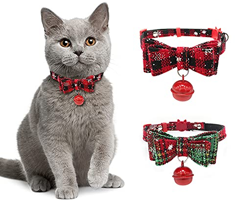 NAMSAN Weihnachts-Katzenhalsband mit Entzückenden Glöckchen und Schneeflocken Gemusterte Fliegen, Verstellbare Träger für Kätzchen, Katzen, Welpen