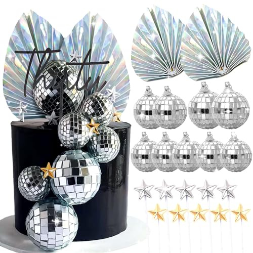 JeVenis Sliver Disco Balls Cake Decorations Silver Palm Leaves Cake Decorations Stars Cake Decoration 70s Party Supplies 70s Birthday Cake Decoration Disco Bachelorette Party Supplies
