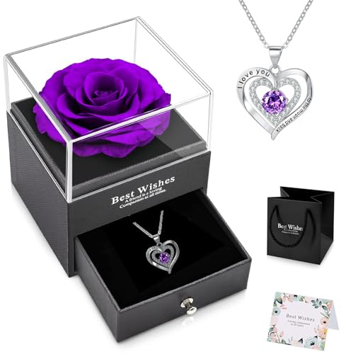 NEWUPZSI Rosa Eterna morado Regalos para Mama Caja Rosa Real Preservada Navidad con Collar para Madres Cumpleaños Regalos para el Día de la Madre Regalo para Mamá,Mejor Madre del Mundo