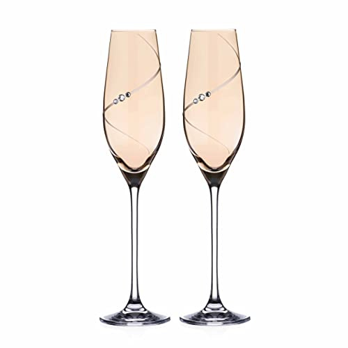 DIAMANTE Pair of Amber Lustre Silhouette Champagne Flutes Embellished with Beautiful Crystals Set of 2 in Elixir Gift Box