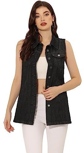 Allegra K Chaleco de mezclilla para mujer, sin mangas, con botones, casual, largo, Negro -, XL