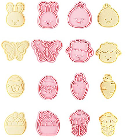 CANDeal 8Pcs Happy Easter Bunny Chicken Butterfly Cookie Stamp Cookie Cutters Mini Cake Mold Fondant Stamp 3D Design Cookie Embosser for Easter Party Supplies Kitchen DIY Children's Baking Tools