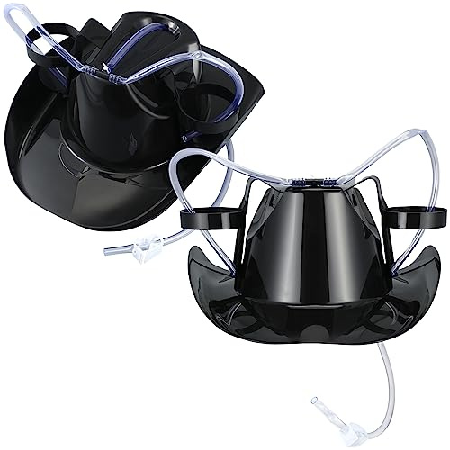 Jenaai 2 Pcs Juice Helmet Soda Hat with Straw Cowboy Soda Hat Beverage Holder for Adult Juice Party(Black)