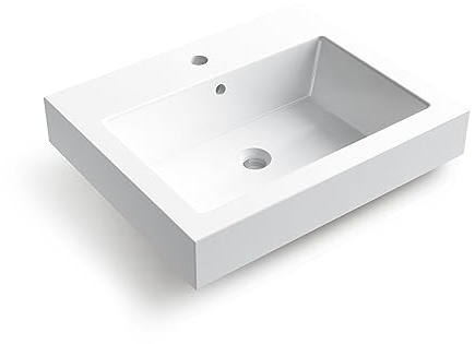 BALNEO ROXI Lavabo Lavabo da Appoggio Quadrato 60x50cm con Foro per Rubinetto, con Foro per Troppo Pieno, Durevole, Moderno, Resistente Ai Prodotti Chimici, Caldo Al Tatto, Bianco in Conglomerato