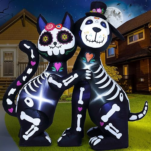 ZPISF Aufblasbares Halloween-Skelett mit schwarzer Katze und Hund, Tag der Toten, Outdoor-Dekorationen, aufblasbare Halloween-Dekoration mit integrierten LED-Lichtern für Hof, Rasen, Garten