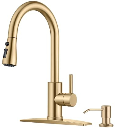 FORIOUS Gold Kitchen Faucet with Soap Dispenser and Pull Down Sprayer, Bar High Arc Single Handle Classic 3 Modes Stainless Steel Faucet for Kitchen Sink Farmhouse RV Laundry Camper