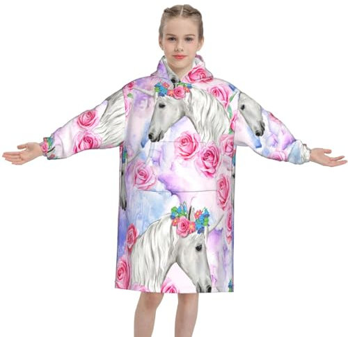 BETAM Einhorn rosa Rosen weiße Pferde Blumenkranz übergroße tragbare Kapuzendecken Flanell Sweatshirt 4–12 Jahre gemütliches warmes Geschenk für Kinder, Einhorn Rosa Rosen Weiße Pferde Blumenkranz,