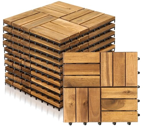 Jopassy 55 Stück Holzfliesen Balkon, 5 m² Balkon Bodenbelag 30x30 cm | Holzfliesen Mosaik aus Akazienholz, Balkonfliesen Terrassenfliesen für Garten, Balkon, Terrasse | 12 Latten