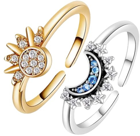 DALAETUS 2 Pcs Celestial Sun and Moon Ring Set, Adjustable Women's Jewelry, Shining Together Overlay With Diamond Set Open Design, Gift for Women Girls