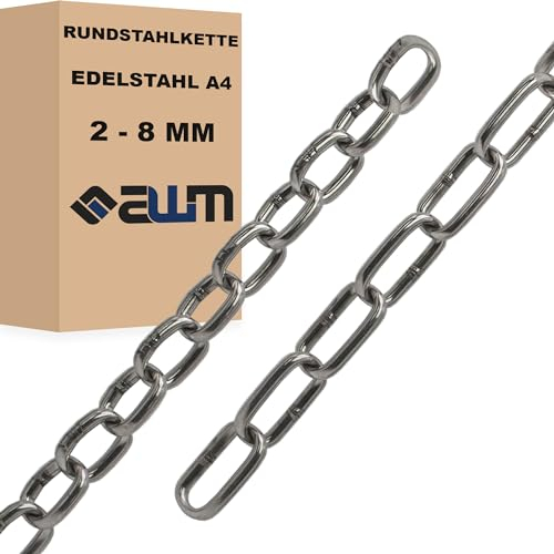 Edelstahlkette VA4 Rundstahlkette Ankerkette Edelstahl Kette Stahlkette ähnl. DIN 766 / DIN 763 (Kurzgliedrig - 2 mm = 3 Meter)