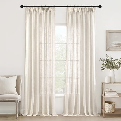 MIULEE Gardiner med rynkband, öglehalsduk, voilegardin, modern linnelook, halvtransparent för vardagsrum, sovrum, skjutgardiner, set om 2, transparent, naturlig linne, vit, 175x140 cm