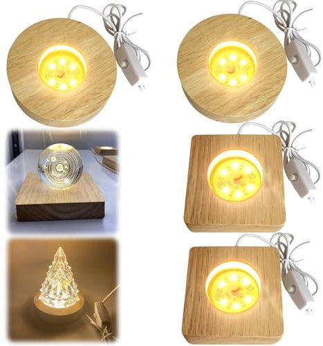 GOMETY 4 basi luminose a LED in legno, con USB, per vetro acrilico, colore caldo, base in legno, quadrata/rotonda, per display a LED, in cristallo, vetro acrilico (colore caldo, 4)