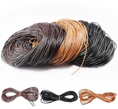 YOYEAH Cordino in Pelle per Collane - 3 Colori 5m x 2mm - Vera Pelle al Metro per Il Fai da Te Creativo - Gioielli, Braccialetti e Cordini