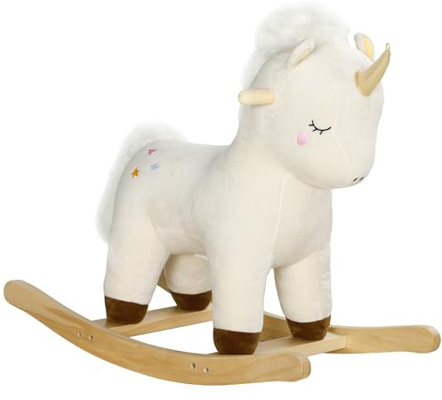 AIYAPLAY Cavallo a Dondolo per Bambini a Unicorno, Cavallino Cavalcabile con Suoni e Rivestimento Morbido, Età 2-4 Anni, Bianco