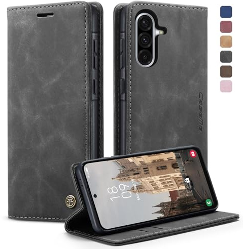 KZB für Samsung Galaxy A56 5G Hülle, Magnet Leder Klapphülle Stoßfest | Retro PU Leder, 2 Kartenfach, Standfunktion, Schutzhülle, Flip Case, Handyhülle für Galaxy A56 6,7'', Grau