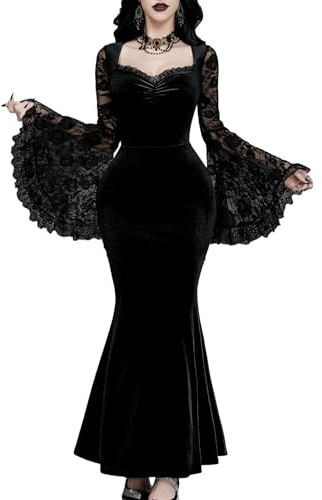 InGoticos Women Gothic Sexy Lace Patchwork Sleeve Fishtail Velvet Goth Dress Without Choker & Umbrella Black
