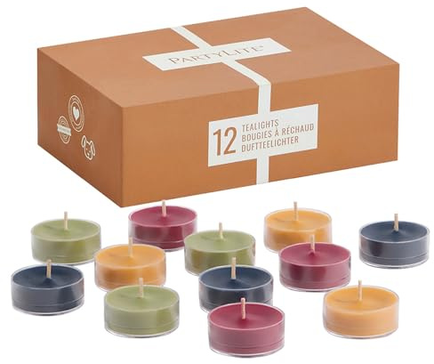 PartyLite Holiday Hideaway 12 Stück Teelichtprobe - Waldfeige, Seemoos, Whiskey & Eiche, Winternächte - 4-6 Stunden Brenndauer pro Teelicht - Warme Urlaubsdüfte