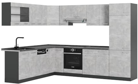 Vicco Eckküche R-Line, Küchenzeile in L-Form, Beton/Anthrazit, 227 x 287 cm, AP Anthrazit