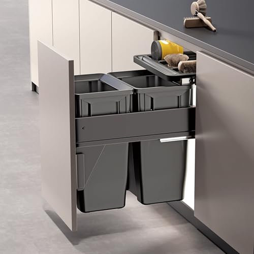 SanzIa Cubo de Basura Extraíble Bajo Armario con Doble Compartimento Cubo de Basura Cubo de Basura Bajo Fregadero con Cierre Suave para Cocina(with Lid,26x50.5x50cm)