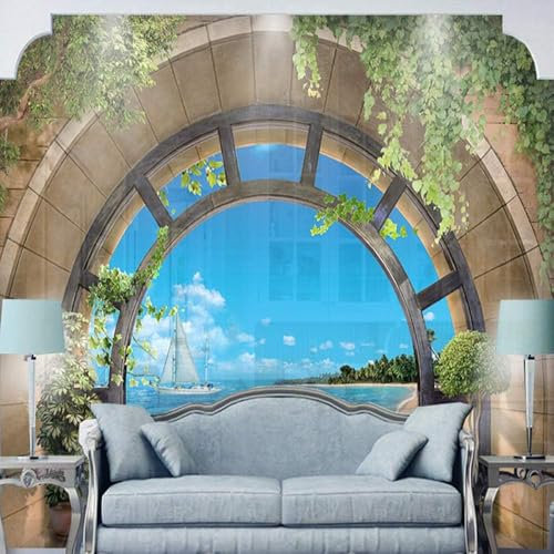 Arch Sea Sailboat Island Blue Sky White Clouds Green Leaves 3D Wallpaper Feature Office Living Room Sofa Bedroom TV Background Wall Decoration-430cm×300cm