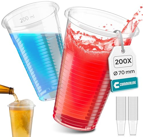Commerline Plastikbecher 0,2 Liter, 200 Stück, Trinkbecher, Einwegbecher | Aus transparentem Polypropylen (PP), robust, lebensmittelecht, ideal als Wasserbecher, Ausschankbecher, Partybecher, 200 ml