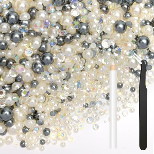 Bouiexye Mezcla de 80 g de perlas de parte trasera plana, diamantes de imitación gris plateado para ropa, perlas semicirculares, diamantes de imitación para manualidades, rostro, uñas, botellas, vasos