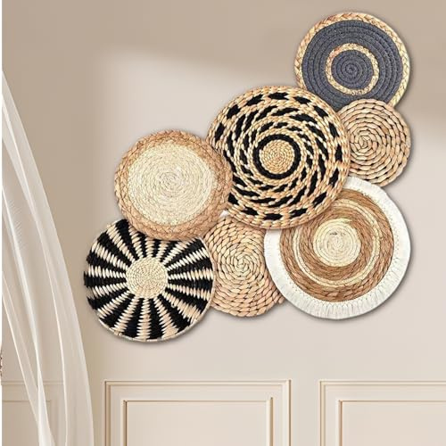 Obelunrp Decoración de pared redonda de pared 7pcs Decoración de flores de ratán Boho Cesta de rústica natural Arte boho para dormitorio, sala de estar, baño, canasta