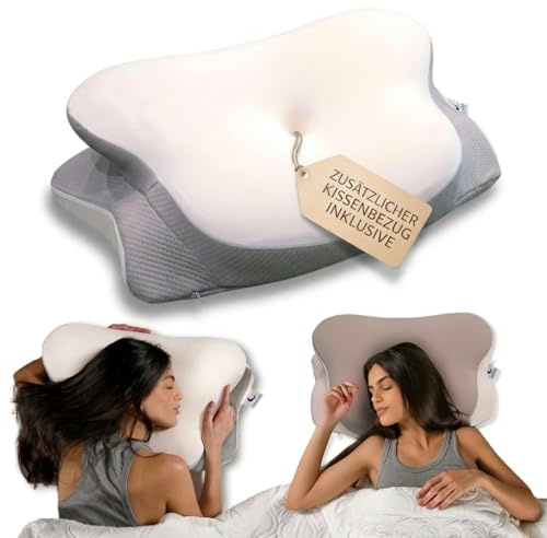 Snoozeclouds® Ergonomisches Kissen - Orthopädisches Memory Foam Nackenstützkissen - Seitenschläferkissen mit 2 Bezügen - Höhenanpassbar - Zertifizert - Unterstützend bei Nackenschmerzen - Grau/Weiß