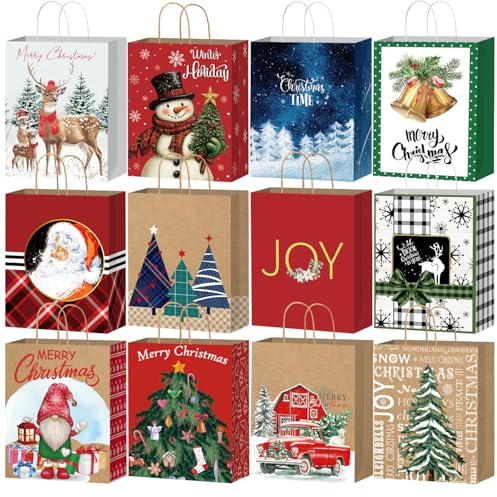 DECHISY 12 Stück Geschenktüten Weihnachten mit Griffen, Weihnachtstüten Klein mit 12 Designs, Papiertüten Weihnachten perfekt für Weihnachts und Neujahrsdekorationen, 23 x 18 x 10 cm