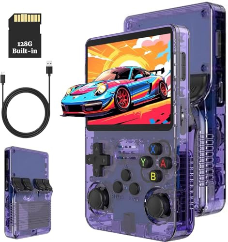 XiFanHo R36S Console di gioco portatile retrò 128G - Schermo IPS da 3,5” con oltre 40000 giochi classici Lettore di videogiochi tascabile Open Source Linux OS con batteria da 3500mAh (Viola)